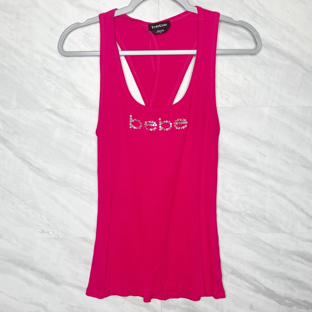 Bebe Bright Pink Ribbed Rhinestone Cross back Tank Large